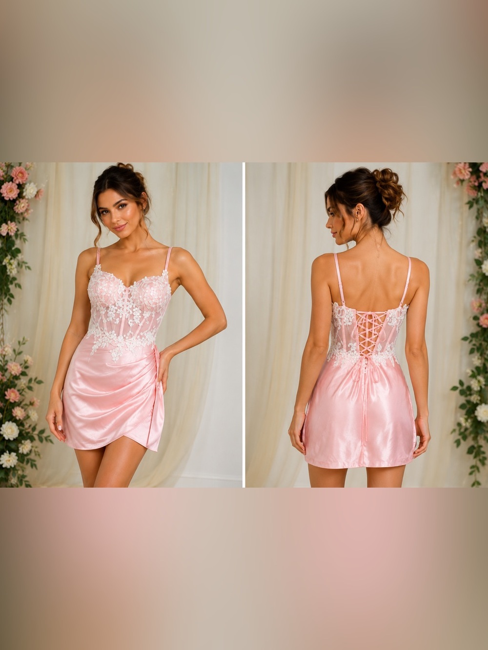 Pink Satin White Lace Corset Mini Dress Sequin Formal Size 8